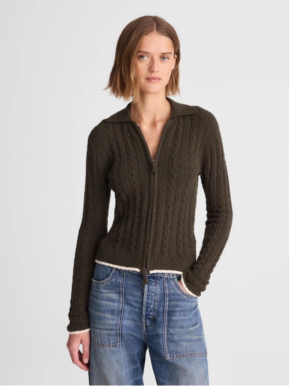 Madewell Cable-Knit Zip cotton Cardigan Midnight Olive Tipping size large NEW